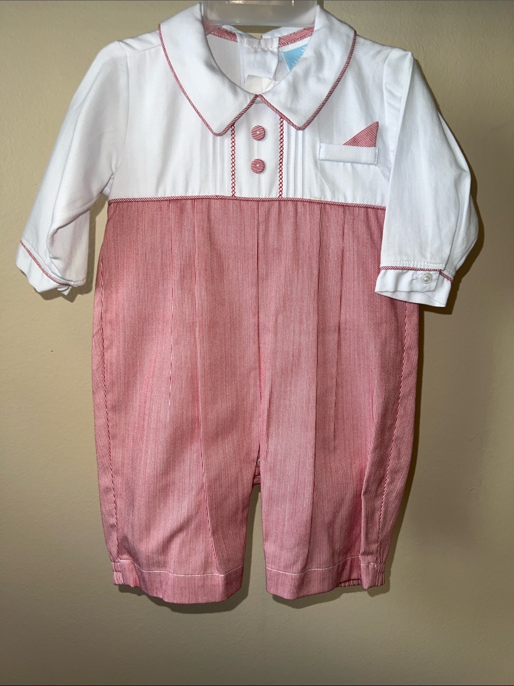 Will'beth White and Red Pin Striped Infant Dress Up Romper NWT